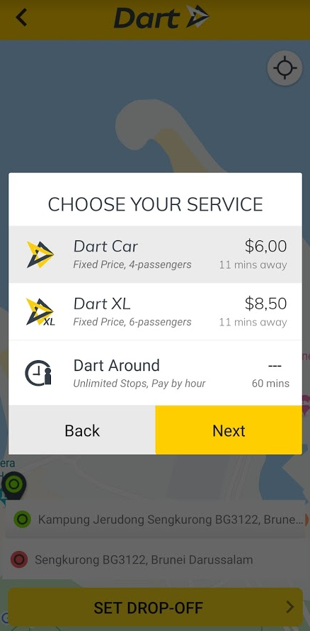 Captura de pantalla de la aplicación DART para moverse por Brunéi